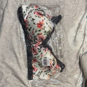 Floral Print Bra with Black Lace Trim